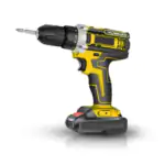 Yellow and black 20V cordless impact drill with Phillips driver bit, mounted battery, torque adjustment collar, on white background