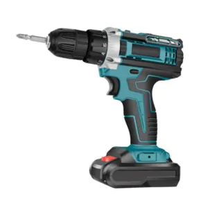Teal and black cordless impact drill with Phillips driver bit, mounted battery, numbered torque settings, on white background