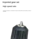 Close-up of a black ribbed keyless drill chuck with silver jaws, with text noting imported high-speed gear set for faster drilling.