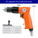Orange 3/8 inch portable pneumatic drill with dimension labels, included chuck key, and printed product specification table