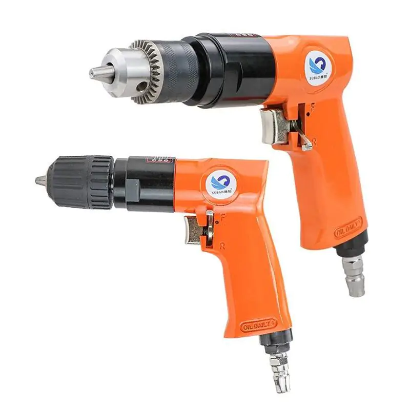 Two orange pistol-grip portable pneumatic drills with metal air fittings, one with a keyed chuck and one with a keyless chuck.