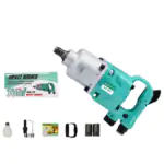 MT-891 pneumatic impact wrench kit with included accessories: oil bottle, hex wrench, sockets, strap, and product packaging