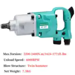 Haotian MT-891 pneumatic impact wrench, teal and silver, with listed specs: 2200-2400N.m torque, 6000RPM, twin hammer, 7.3KG