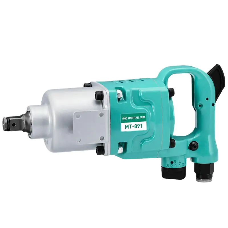 Teal and silver heavy-duty pneumatic impact wrench model MT-891 with D-handle, square drive anvil, and torque/reverse adjustment markings