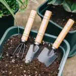 3-piece iron mini garden tool set with wooden handles resting in potting soil inside a green planter, surrounded by potted plants