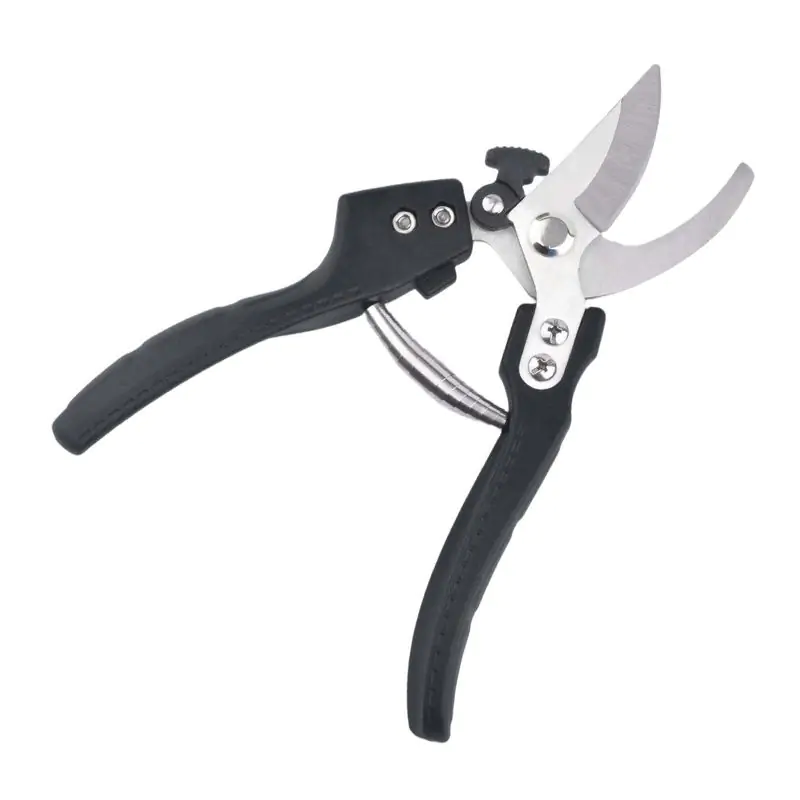 Open stainless steel bonsai trimmer with curved bypass blades, black ergonomic handles, metal spring, and locking latch on a white background