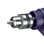 Close-up of a high power electric drill's silver metal geared keyed chuck attached to its dark purple housing, on a white background