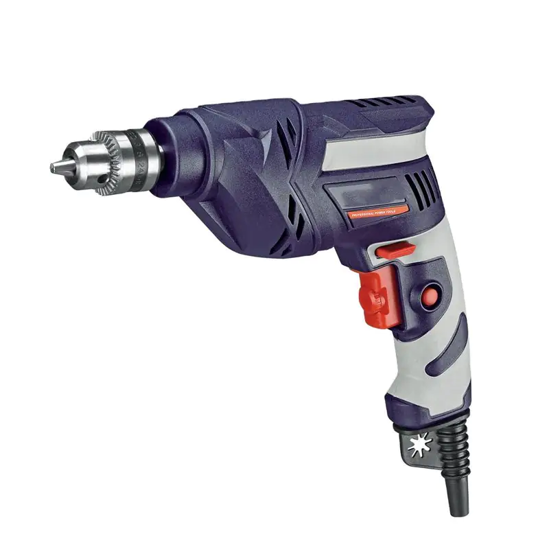 Corded high power electric drill with dark purple and gray body, red control switches, metal geared chuck, and power cord, on white background
