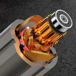 Cutaway view of a brushless angle grinder motor showing dense copper windings, rotor, and bearing inside a metal housing