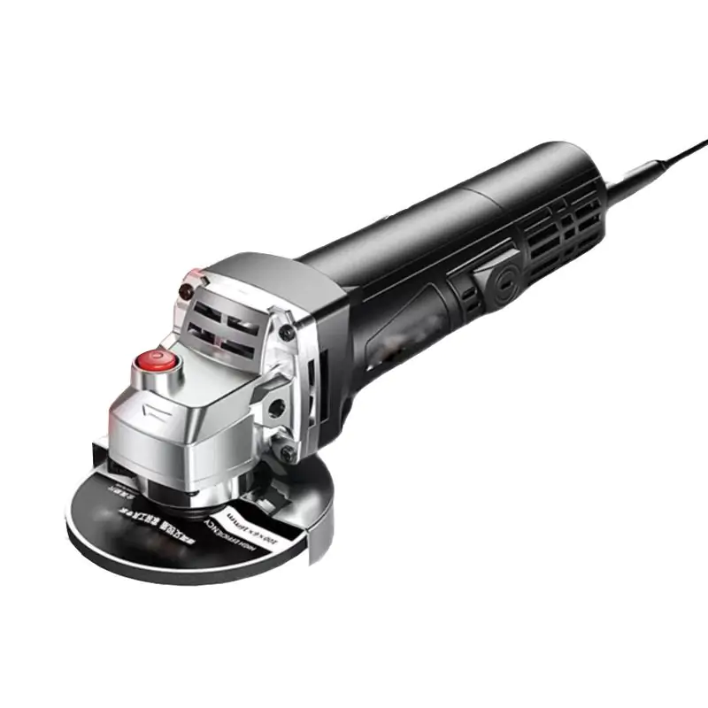 Corded electric angle grinder with black and silver housing, red control button, and attached grinding disc, shown on a white background.