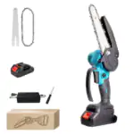 Cordless portable outdoor saw kit including teal mini chainsaw, spare chain, bar, battery, charger, screwdriver, and printed storage box.