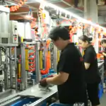 Factory assembly line workers in black uniforms assembling power tools at metal workstations with coiled orange air hoses overhead