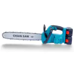 Teal 16 inch electric chainsaw with dual black batteries, black handles, and a guide bar marked CHAIN SAW 16" on a white background