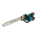 16 inch cordless electric chainsaw with teal body, two attached batteries, black handles, guide bar marked CHAIN SAW 16