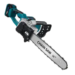 Angled view of a teal and black 16 inch cordless electric chainsaw with a silver bar marked CHAIN SAW 16" on white