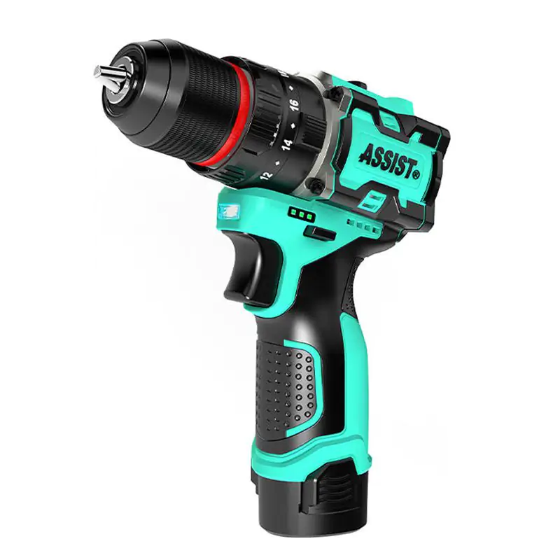 Studio product shot of a teal and black ASSIST 12V lithium battery impact drill against a plain white background