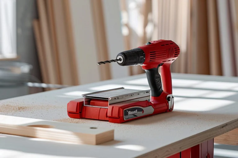 Red cordless drill with an installed twist bit resting on a sunlit worktable next to a small light wood block