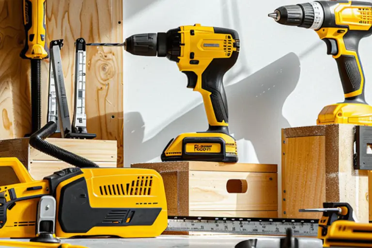 Assortment of yellow and black cordless power tools including drills, arranged with wood pieces and a measuring tool