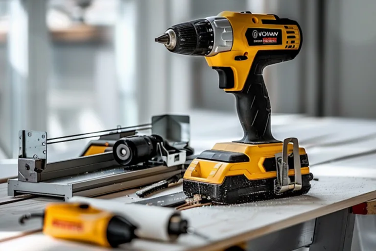 Yellow and black cordless power drill standing upright on a work surface, with other workshop tools blurred in the background