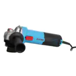 Corded 1100W electric angle grinder with blue and black housing, red power switch, black auxiliary handle, and silver metal gear head