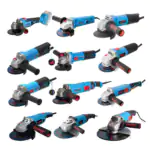 Collection of FIXTEC 1100W electric angle grinders in varied sizes, blue and black bodies with red controls, arranged on a white background