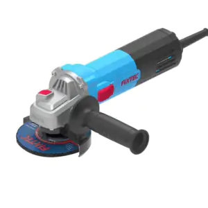 Corded FIXTEC 1100W electric angle grinder with installed abrasive grinding disc, blue and black body, red controls, black side handle