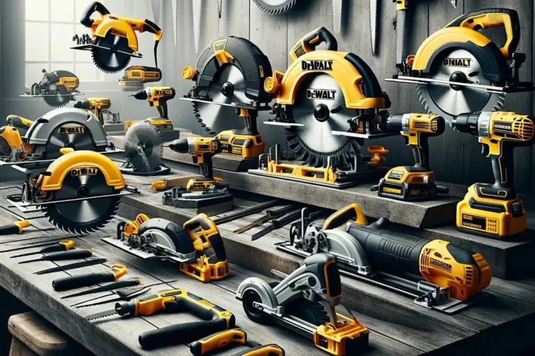 Assortment of yellow and black DEWALT circular saws and cordless drills arranged on tiered wooden workbenches.