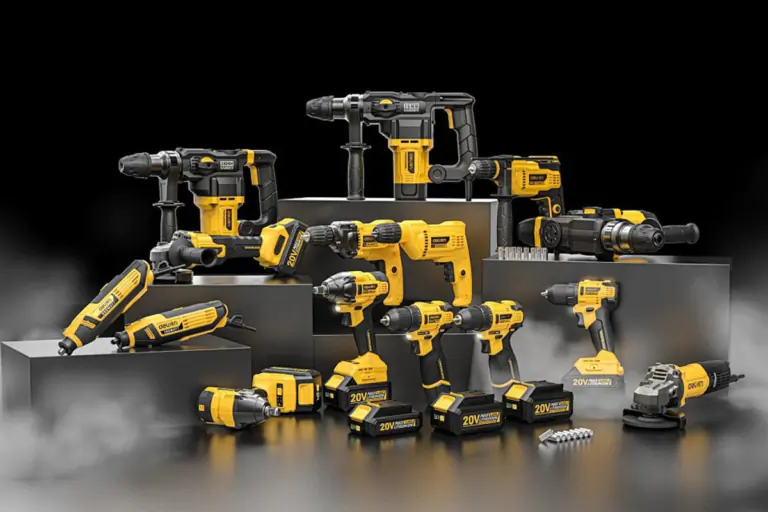 Full collection of yellow and black cordless power tools and matching battery packs displayed on tiered dark platforms