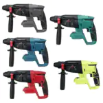 Five color variants of 21V brushless rotary hammers (gray, teal, blue, red, lime) with auxiliary handles, arranged on white