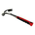One-piece steel claw hand tool hammer with polished metal head and red and black non-slip contoured grip, isolated on white