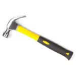 Claw hand tool hammer with polished steel head, yellow fiberglass neck, and black textured grip with yellow accents, on white