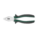 Combination lineman's pliers with polished steel jaws and green and black textured non-slip grips, on a white background