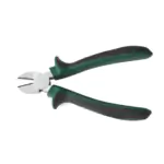 Diagonal multifunctional cutting pliers with polished steel jaws and green and black textured non-slip grips, on a white background