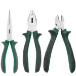 Three multifunctional cutting pliers with polished steel jaws and textured green-and-black non-slip handles: long nose, combination, and diagonal cutters