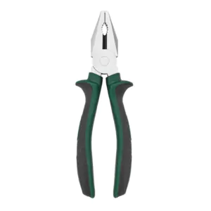 Vertical view of combination pliers with polished steel jaws and green and black textured non-slip grips, on a white background