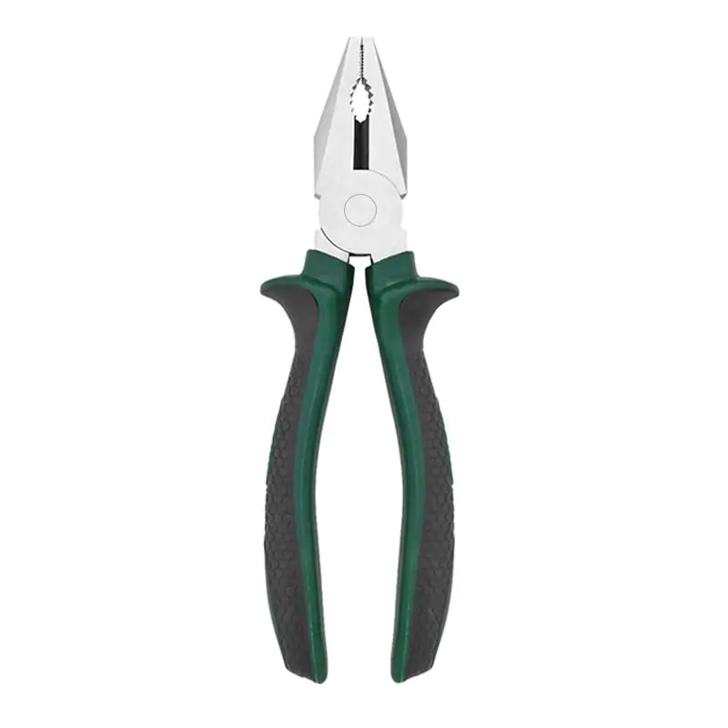 Vertical view of combination pliers with polished steel jaws and green and black textured non-slip grips, on a white background