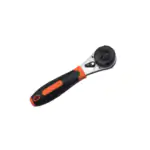 Adjustable ratchet wrench with black and orange ergonomic grip, silver metal body, and black adjustment dial on a white background