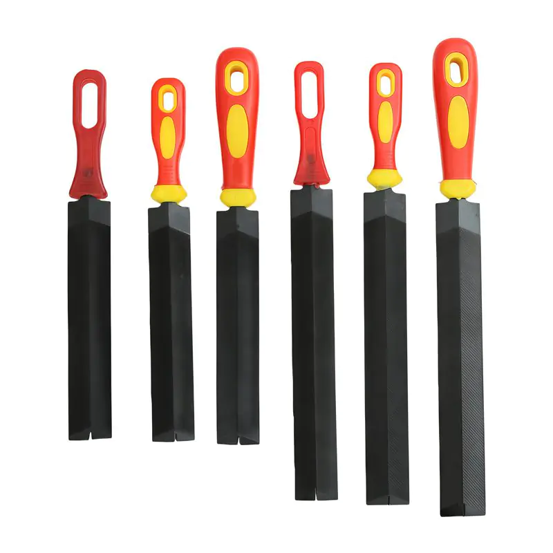 Set of six black diamond files with red and yellow plastic hanging handles, arranged upright on a white background.