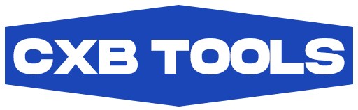 CXB TOOLS logo, solid blue elongated hexagon with crisp bold white sans-serif text on a white background