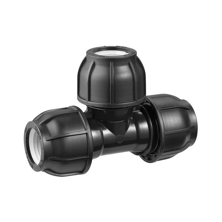 Black plastic compression tee pipe fitting with three ribbed compression nut ends, white internal seals, on a white background