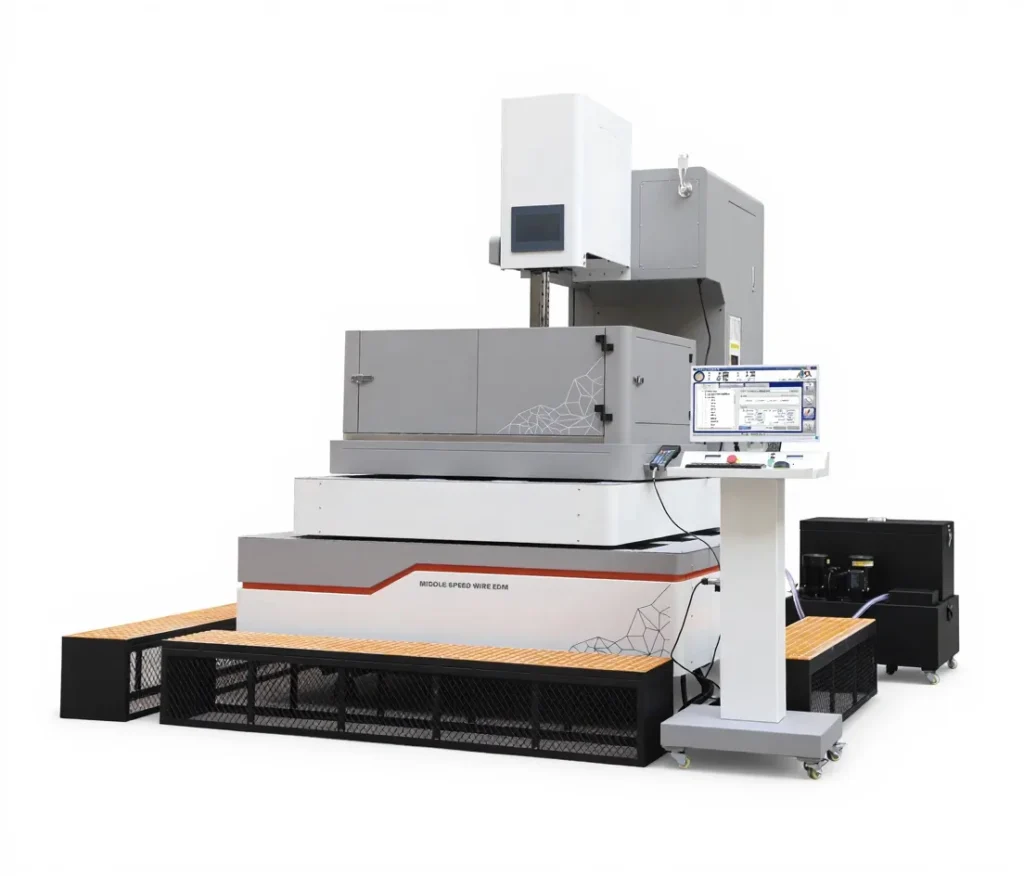 Studio product shot of a used BQ800 CNC wire cut EDM machine with control console, access steps, and auxiliary fluid unit on a white background