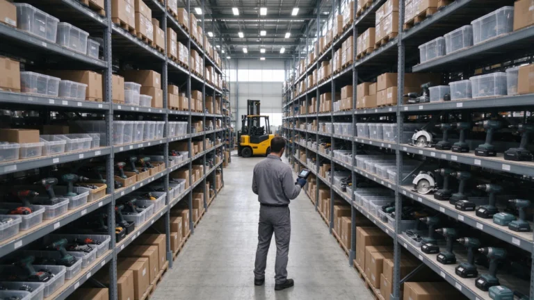 Warehouse shelves stocked with cordless drills and battery packs as a worker checks inventory